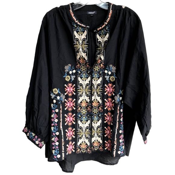 Tolani Black - Multi Colored Embroidered Cotton Peasant Blouse size L - Picture 1 of 6